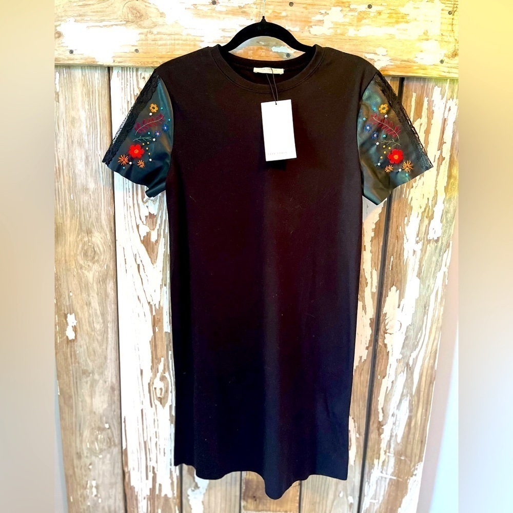Zara Trafaluc Dress Black with Faux Leather sleeves w/ embroidery Size Small